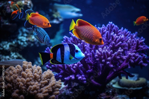Landscape with colorful fish and corals under the sea, marine life. Generative AI