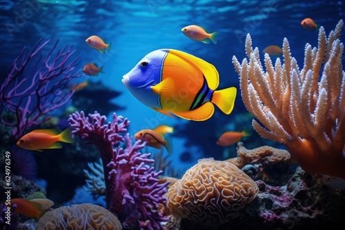 Landscape with colorful fish and corals under the sea  marine life. Generative AI