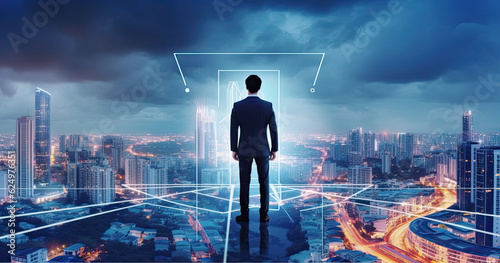 Business Man with Futuristic Technology Information Background