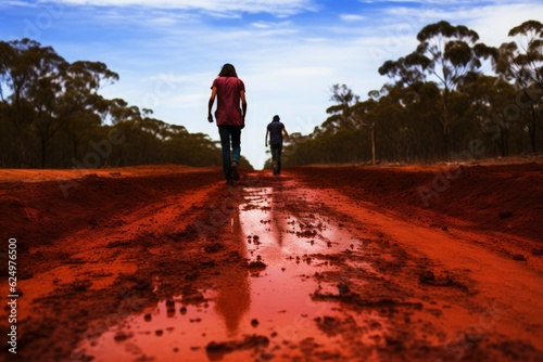 People inland walking on red clay road. Generative AI