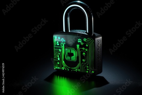 Technological padlock with green light, technology and security concept. Generative AI