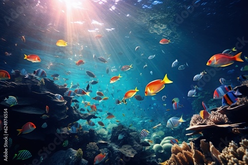 Landscape with colorful fish and corals under the sea, marine life. Generative AI © Deivison