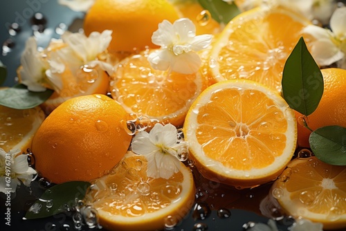 Oranges  flowers and water  citrus and tropical fruit concept. Generative AI