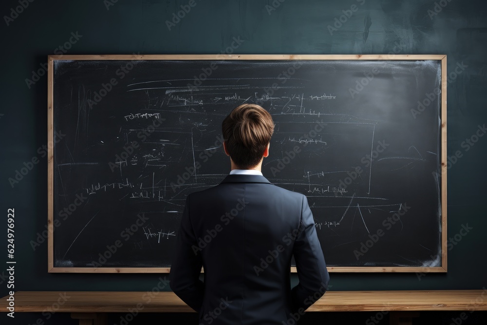 Young university teacher looking at blackboard. Generative AI Young university teacher looking at blackboard. Generative AI