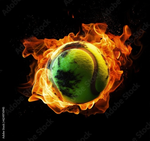 Tennis ball in flames on black background, sport concept. Generative AI © Deivison