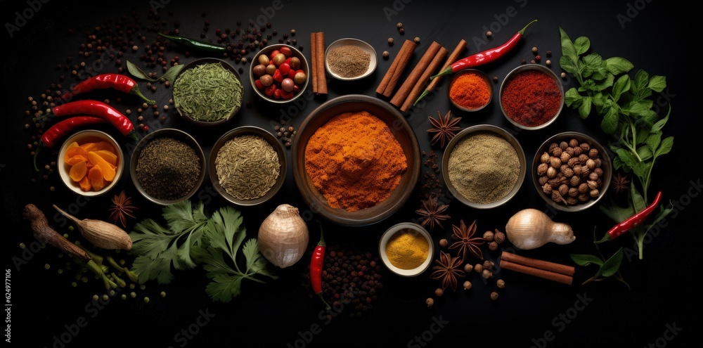 Digital illustration of various spices and condiments, Indian cuisine. Generative AI