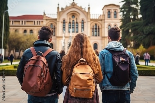 Young people in front of the university, academic life concept, digital illustration. Generative AI