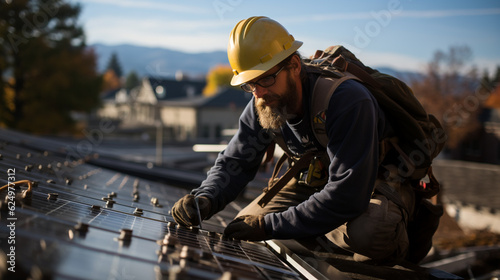 Worker installing photovoltaic energy panels. Renewable energy from sunlight. Set of photovoltaic panels. generative AI