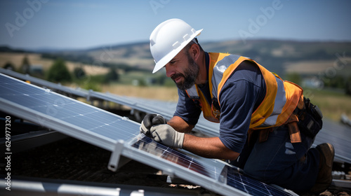 Worker installing photovoltaic energy panels. Renewable energy from sunlight. Set of photovoltaic panels. generative AI