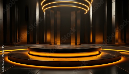 Gold empty podium floating in the air in dark scene with wall of line vertical gold neon lamps around