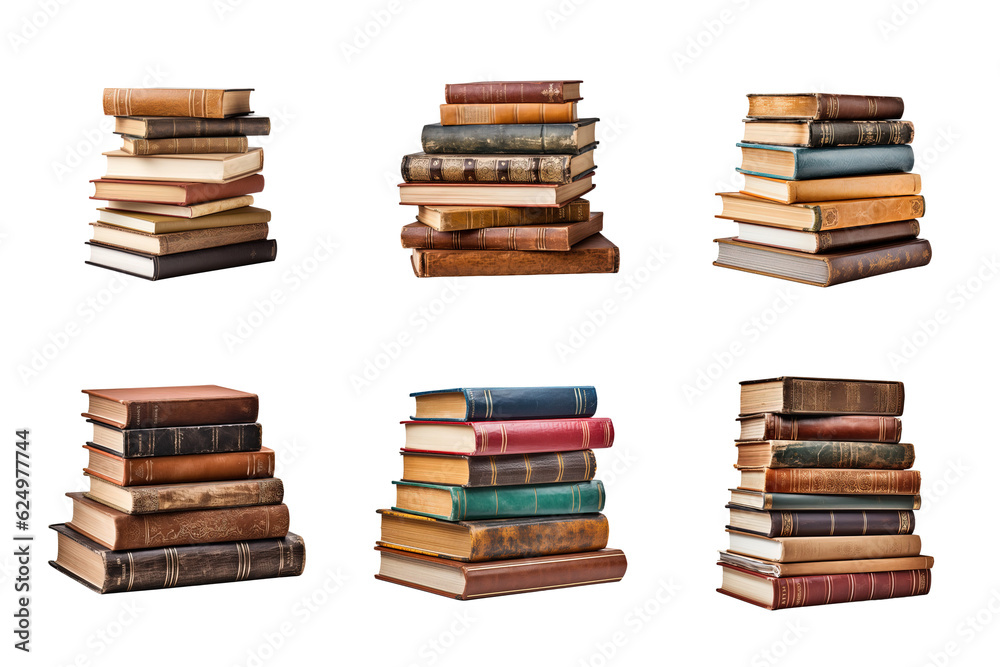 a pile of old books collection isolated on a transparent background - obrazy, fototapety, plakaty 