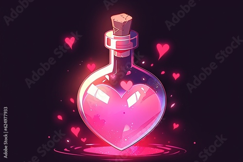 Enchanting love potion bottle radiates colorful charm on wooden table, neon lights, Generative AI