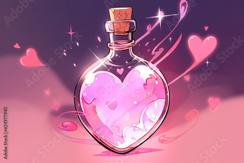 Enchanting love potion bottle radiates colorful charm on wooden table, neon lights, Generative AI