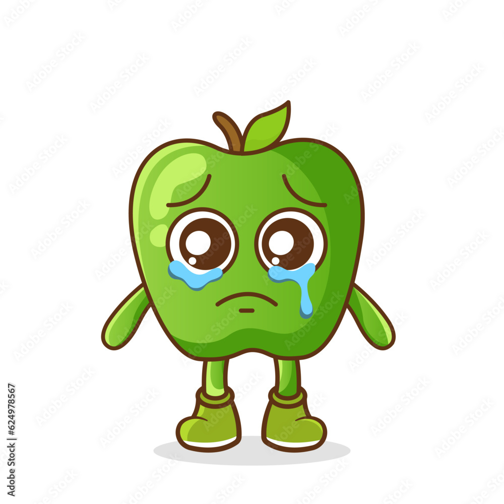 Funny crying emoticon. green apple character with tears in eyes Funny crying emoticon. green apple character with tears in eyes