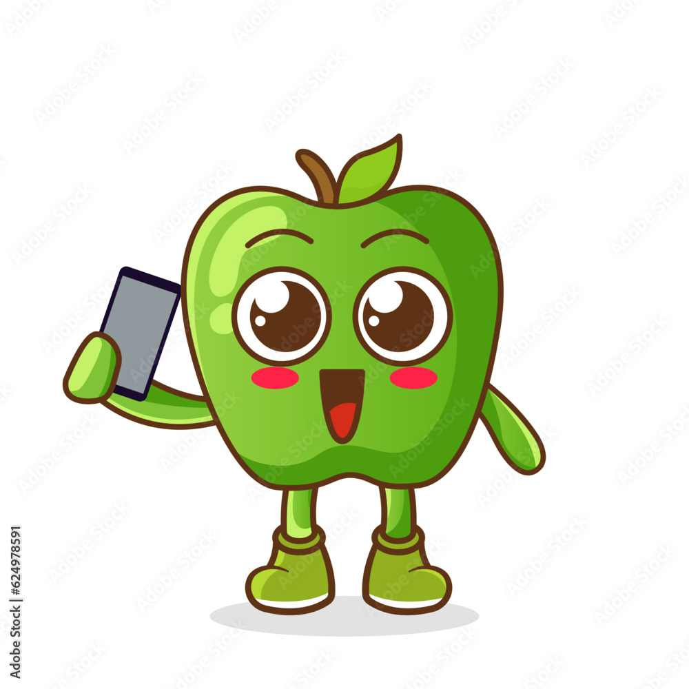 Obraz premium green apple fruit cartoon character holding a smartphone