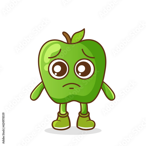 Cute sad green apple fruit character, green apple character with sad emotion, face, depressive eyes