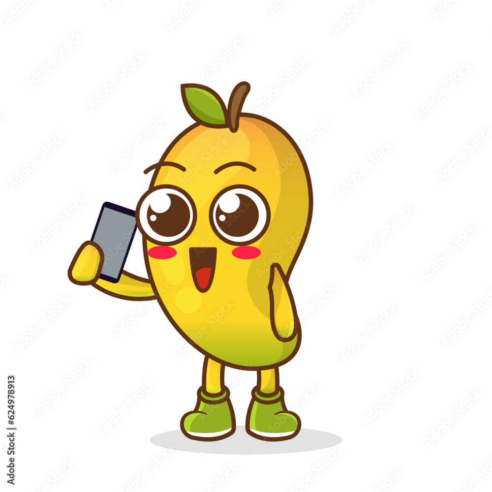 mango fruit cartoon character holding a smartphone