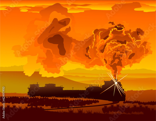 trenes, paisaje, humo, atardecer