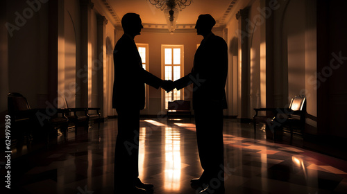 Two people in  silhouette shake hands in agreement