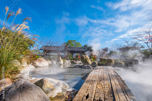 Beppu, Japan - Nov 25 2022: Oniishibozu Jigoku hot spring in Beppu, Oita. The town is famous for its onsen (hot springs). It has 8 major geothermal hot spots, referred to as the 