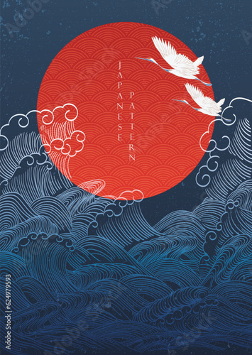 Japanese background with crane birds decoration vector. Hand drawn wave with red circle shape elements in oriental style.