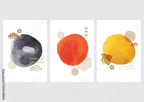 Abstract art background with traditional Japanese icon and pattern vector. Watercolor texture in Chinese style. Circle object banner illustration.