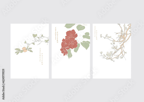 Japanese elements icons with hand drawn natural background. Cherry blossom flower, branch of leaves and bonsai logo design in Asian style.