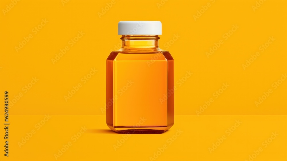 Glass bottle of honey over yellow background. Glass bottle of honey over yellow background.
