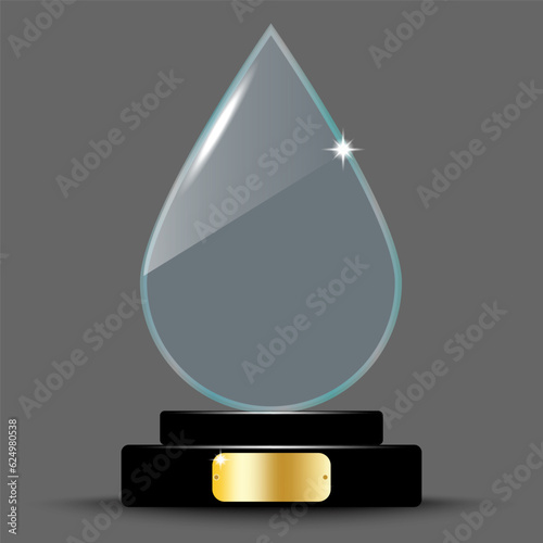 Realistic award layout design. Glass trophy in the form of an drop. 3d acrylic crystal drop. Vector illustration. stock image.