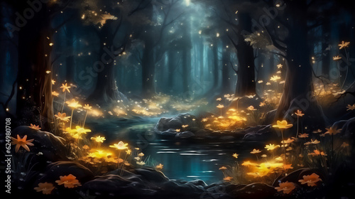 fire fly in deep forest in autumn at the night, create using generative AI tools