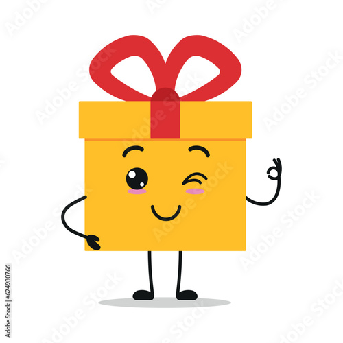 Cute happy gift box character. Funny smiling and blink gift box cartoon emoticon in flat style. bakery emoji vector illustration