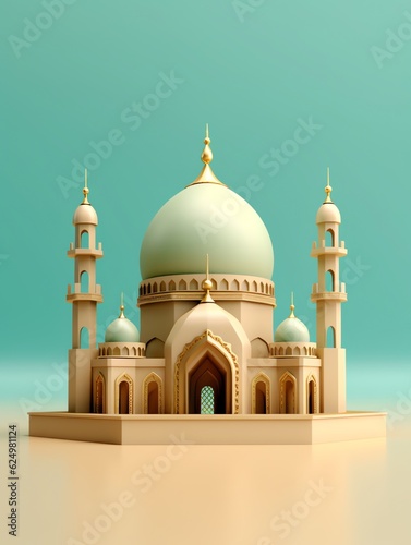 3D islamic mosque illustration for banner social media, gold, minimalist, eid fitr, eid adha, ramdhan kareem, muharam, islamic new year