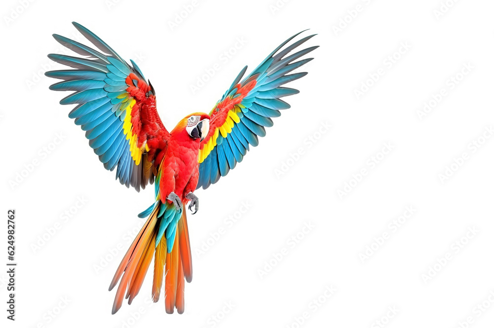 Image of macaw parrot is flying on white background. Bird. Wildlife Animals. Illustration. Generative AI.