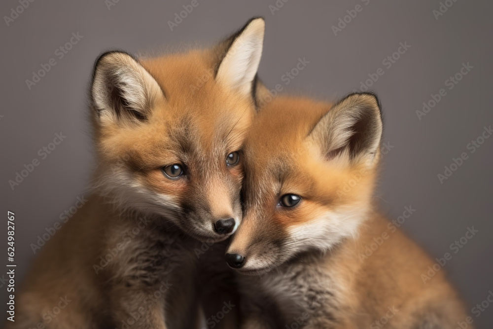 Image of two baby foxs cubs cuddle together. Wildlife Animals. Illustration, Generative AI.