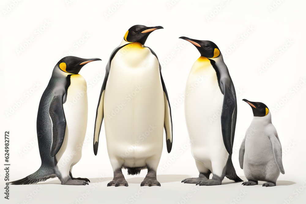 Fototapeta premium Image of family group of Emperor Penguins on white background. Wildlife Animals. Illustration, Generative AI.