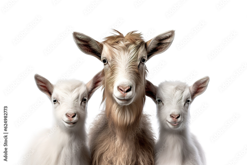 Image of family group of goats on white background. Farm animals. Illustration, Generative AI. Image of family group of goats on white background. Farm animals. Illustration, Generative AI.