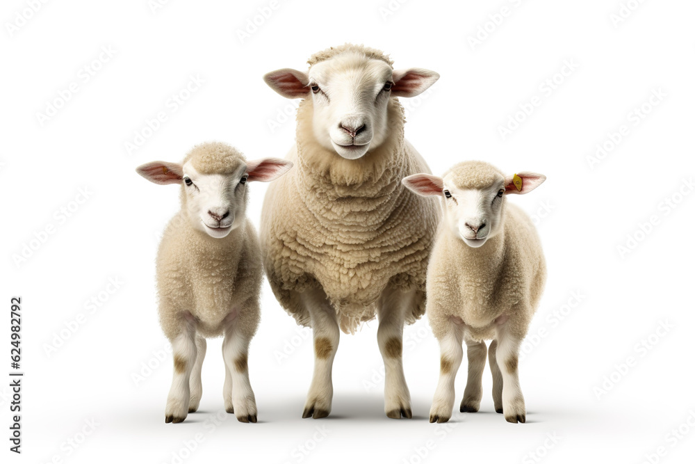 Obraz premium Image of family group of sheeps on white background. Farm animals. Illustration, Generative AI.