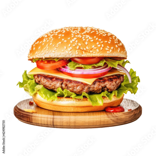 Delicious beef burger on board with, transparent background