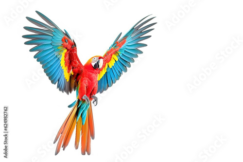 Image of macaw parrot is flying on white background. Bird. Wildlife Animals. Illustration. Generative AI. © yod67