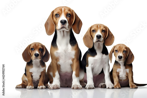 Image of family group of beagle dog on white background. Pet. Animals. Illustration, Generative AI.