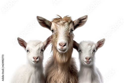 Image of family group of goats on white background. Farm animals. Illustration, Generative AI. © yod67