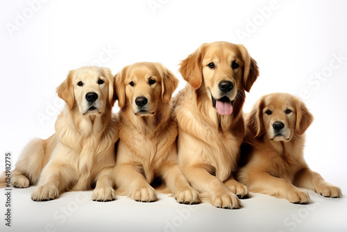 Image of family group of golden retriever dogs on white background. Pet. Animals. Illustration, Generative AI.