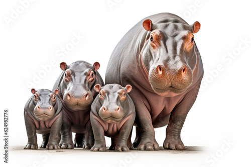 Image of family group of hippopotamuss on white background. Wildlife Animals. Illustration, Generative AI.