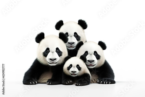Image of family group of pandas on white background. Wildlife Animals. Illustration  Generative AI.