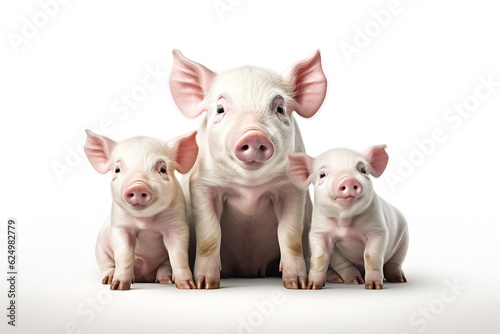 Image of family group of pigs on white background. Farm animals. Illustration, Generative AI. © yod67