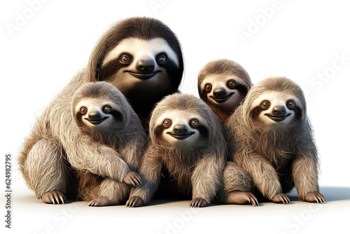Image of family group of sloths on white background. Wildlife Animals. Illustration, Generative AI. photo