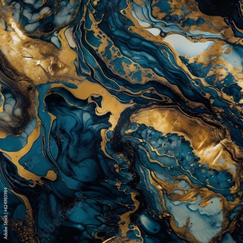 Abstract marble wallpaper.  Luxurious blue and yellow textured background. Generative AI
