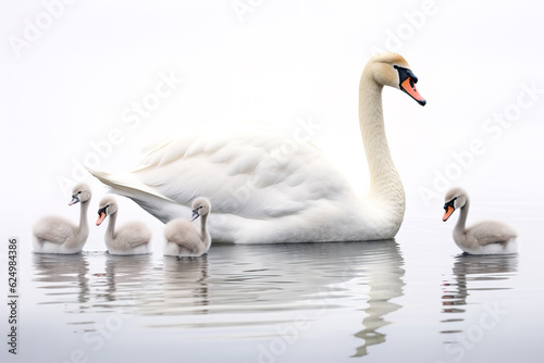 Fototapeta Naklejka Na Ścianę i Meble -  Image of family group of swans on white background. Birds. Wildlife Animals. Illustration, Generative AI.