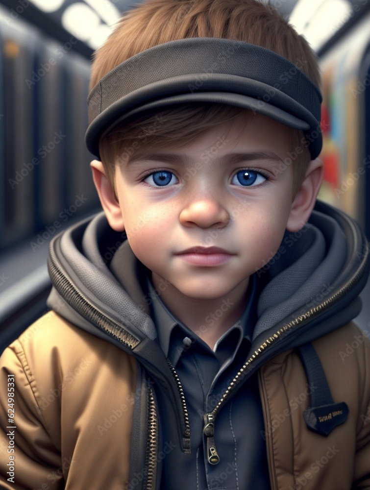 A boy wearing a jacket at a train station A boy wearing a jacket at a train station
