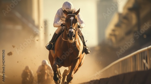 Horse racing. A stallion gallops with a rider on horseback. © sirisakboakaew
